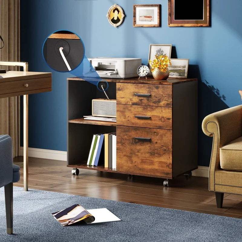 GALAXHERO 3 Drawer Wood Mobile File Cabinet Lateral Filing Cabinet with Printer Stand Open Storage Shelves for Home