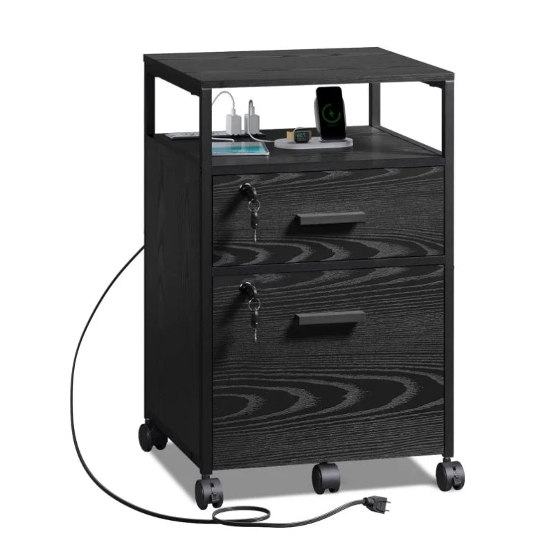 GALAXHERO 2 Drawer Filing Cabinet with Lock Charging Station Mobile Printer Stand with Open Storage Shelf for Home