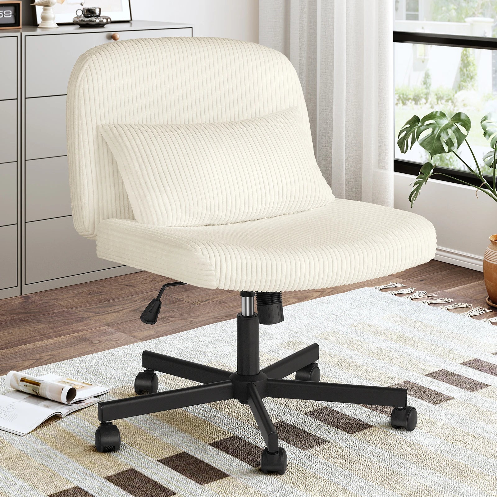 Massage Cross Leg Office Chair w/ Double Layer Sponge Cushion,Corduroy/Pearl Velvet Wide Armrest Desk Chair Mid Back