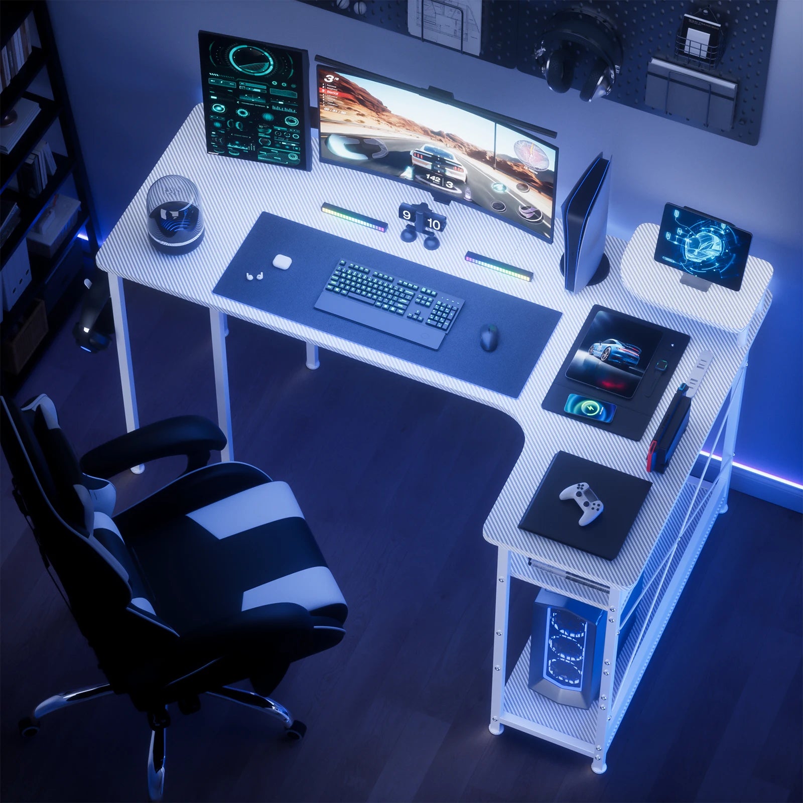 L-Shape Gaming Desk with Drawers Carbon Fiber Computer Desk with Monitor Arm Gaming Desk for Home Office Desks - White