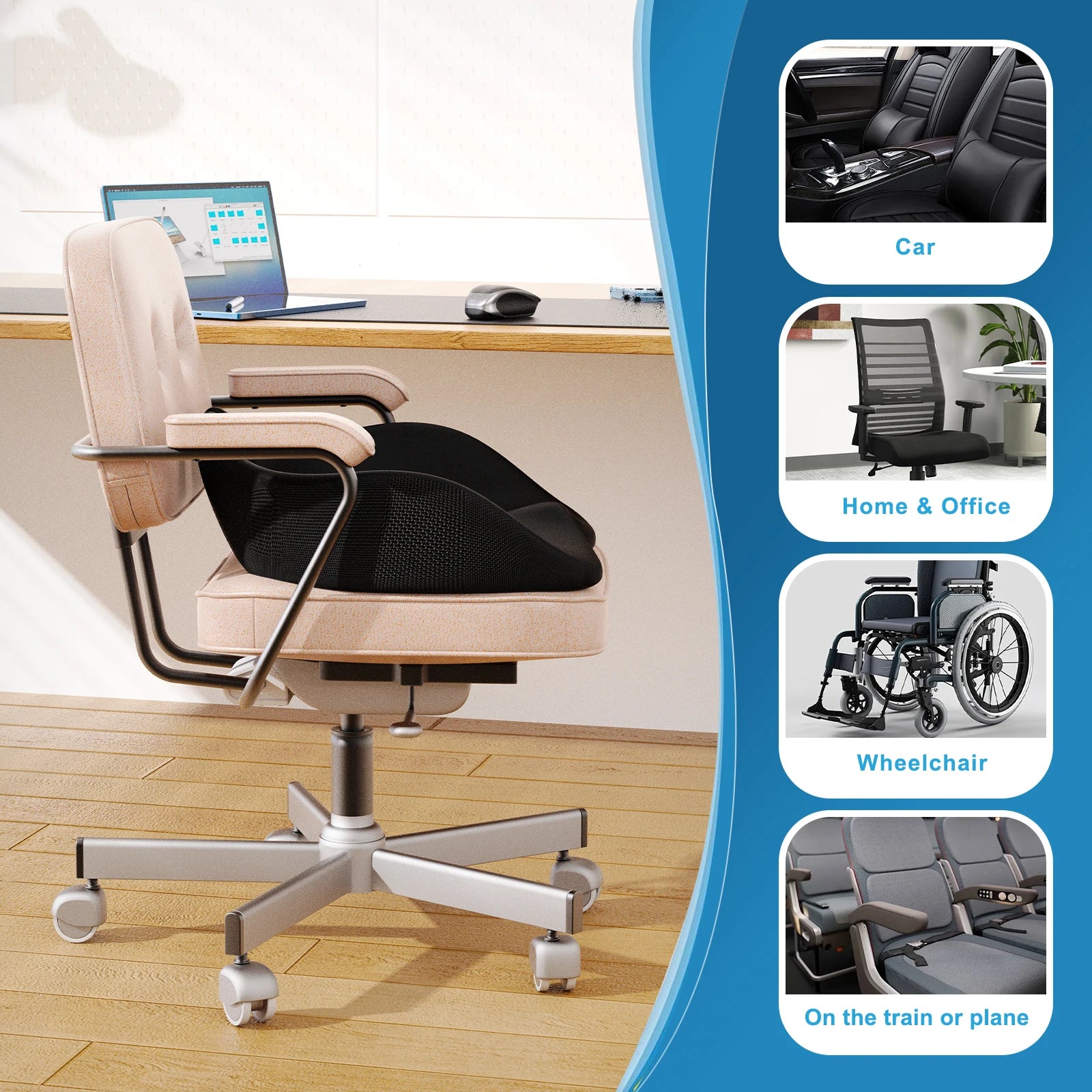 NPET Travel Seat Cushion Memory Foam U-Shaped Pillow for Chair Cushion Pad Car Office Hip Support Massage Orthopedic