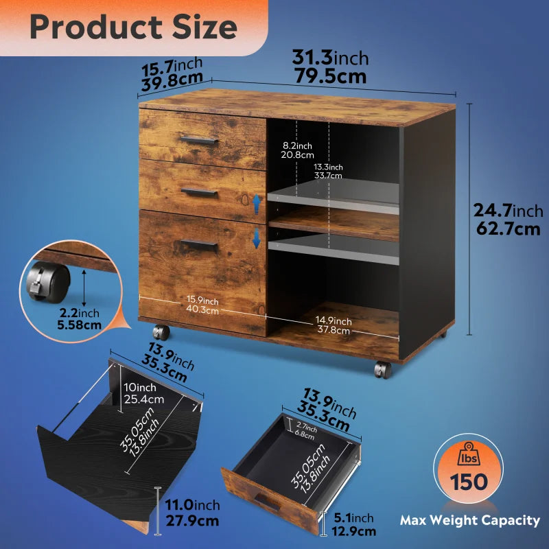 GALAXHERO 3 Drawer Wood Mobile File Cabinet Lateral Filing Cabinet with Printer Stand Open Storage Shelves for Home