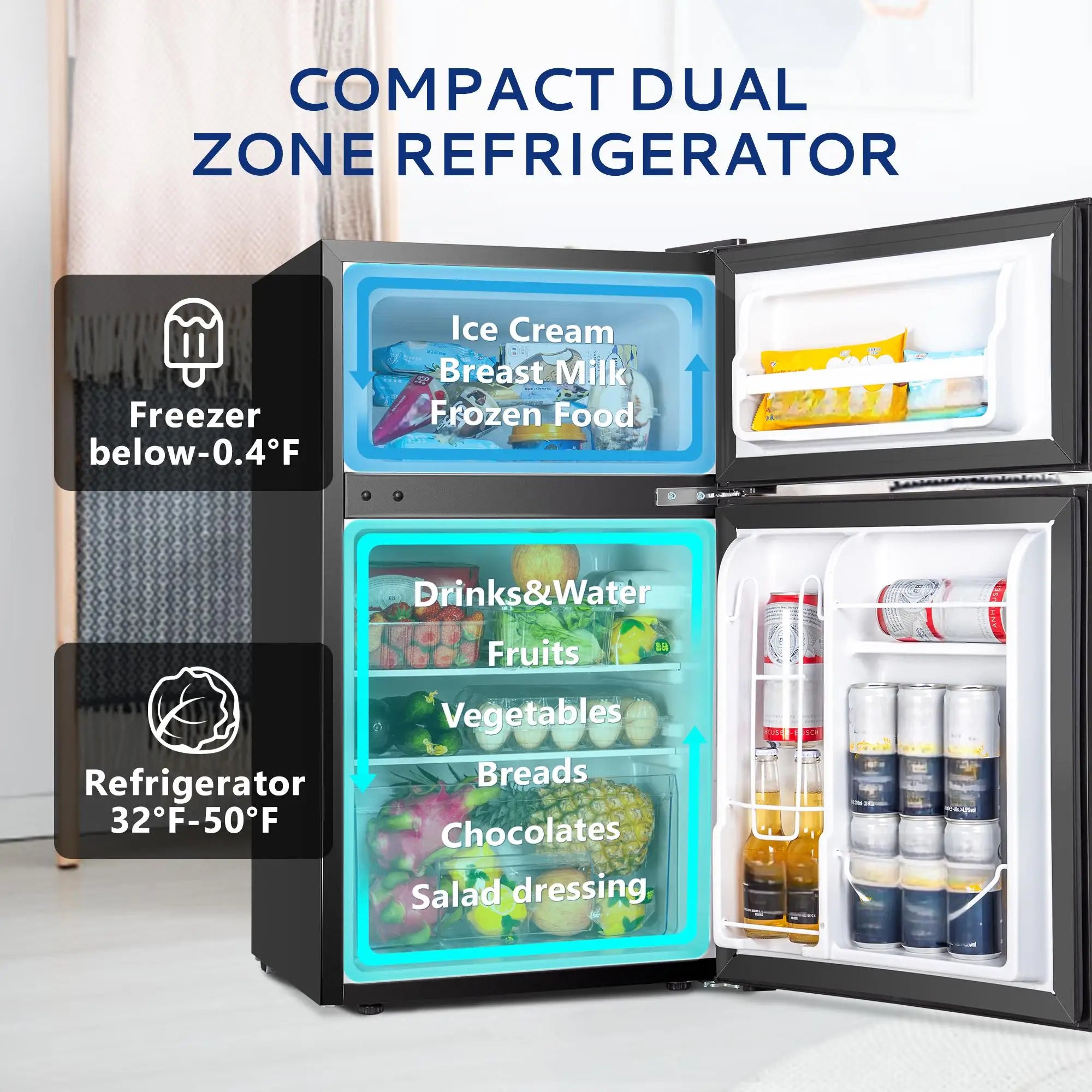 SIMZLIFE Mini Fridge with Freezer 3.2 Cu.Ft Mini Refrigerator Dorm Fridge with 2 Door For Bedroom Apartment Office