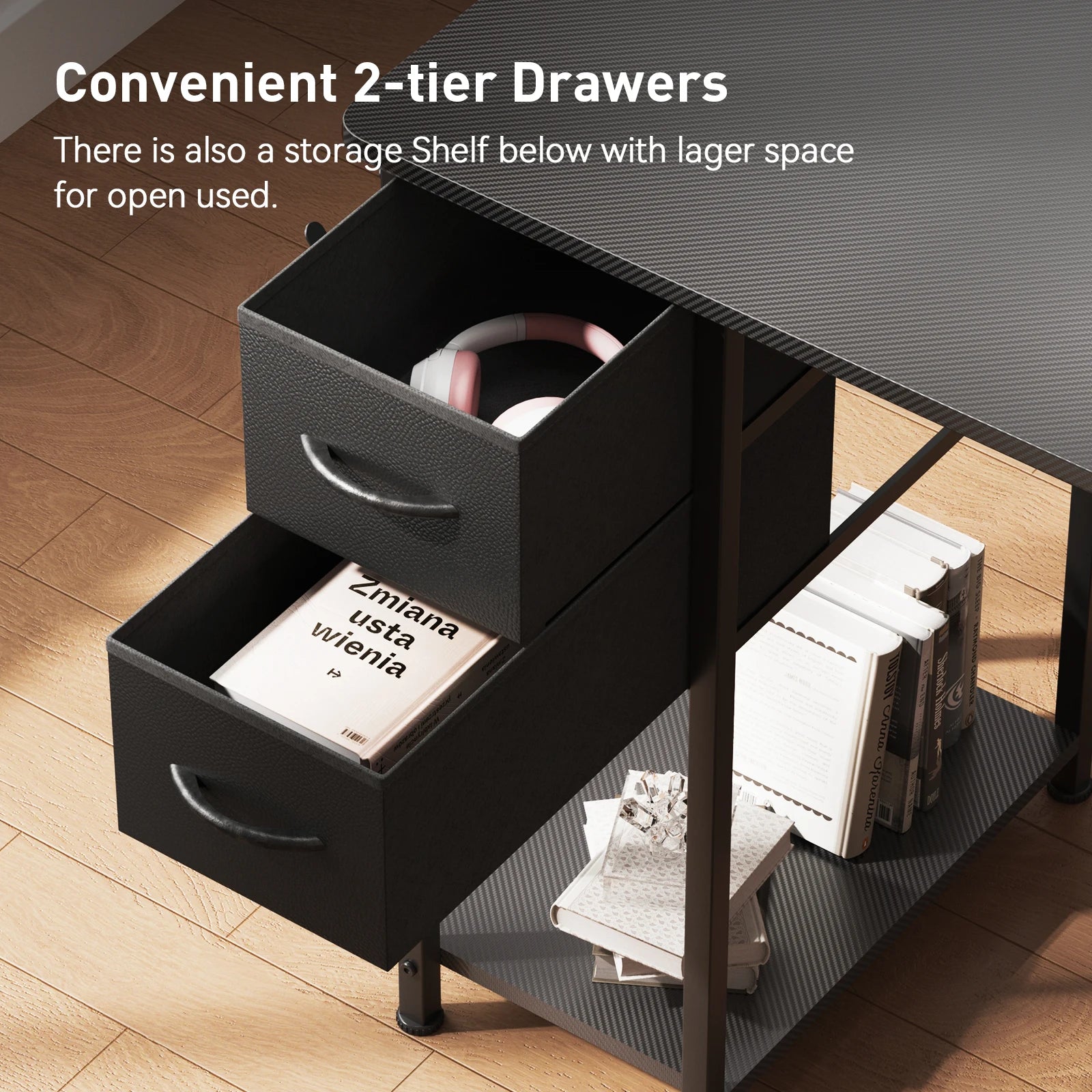 L-Shape Gaming Desk with Drawers Carbon Fiber Computer Desk with Monitor Arm Gaming Desk for Home Office Desks