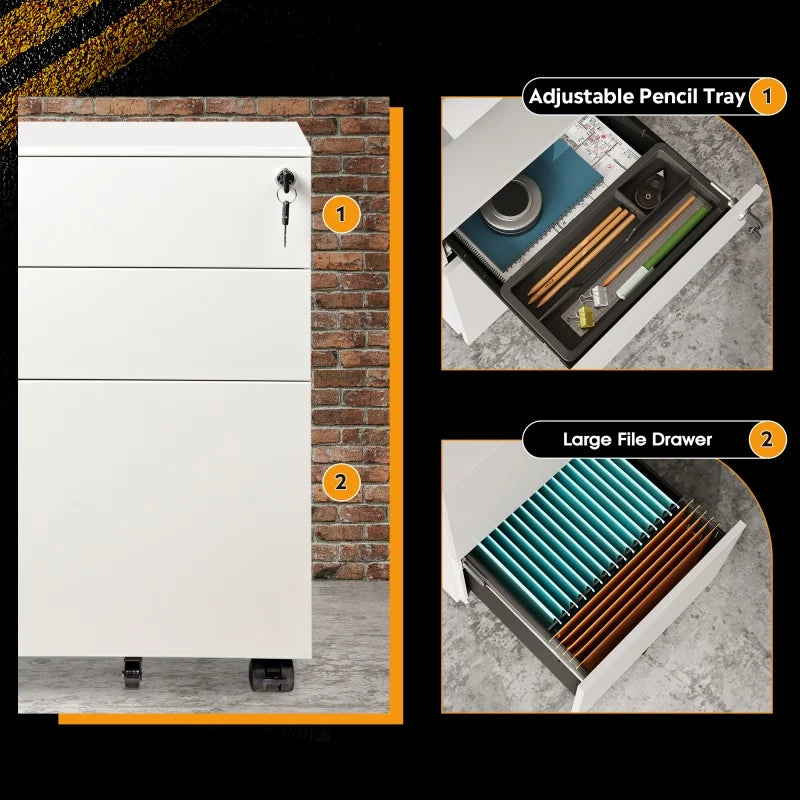 GALAXHERO 3 Drawer Locking Rolling File Cabinet with Security Lock for Home Office Fully Assembled Under Desk Storage