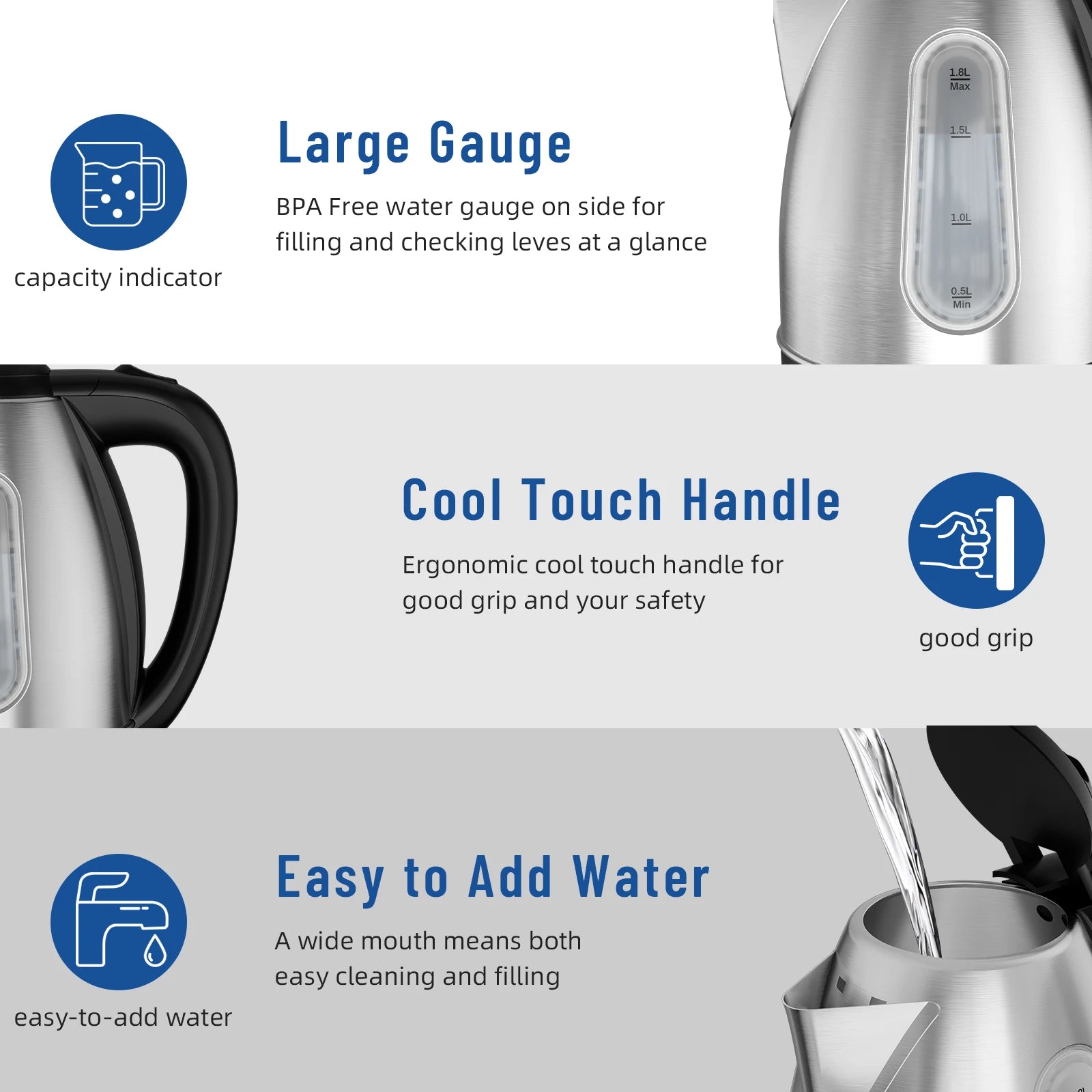 Stainless Steel Electric Kettle 1.8 Liter Tea Kettle Electric & Hot Water Kettle 1500W Fast Boil with LED Light Auto