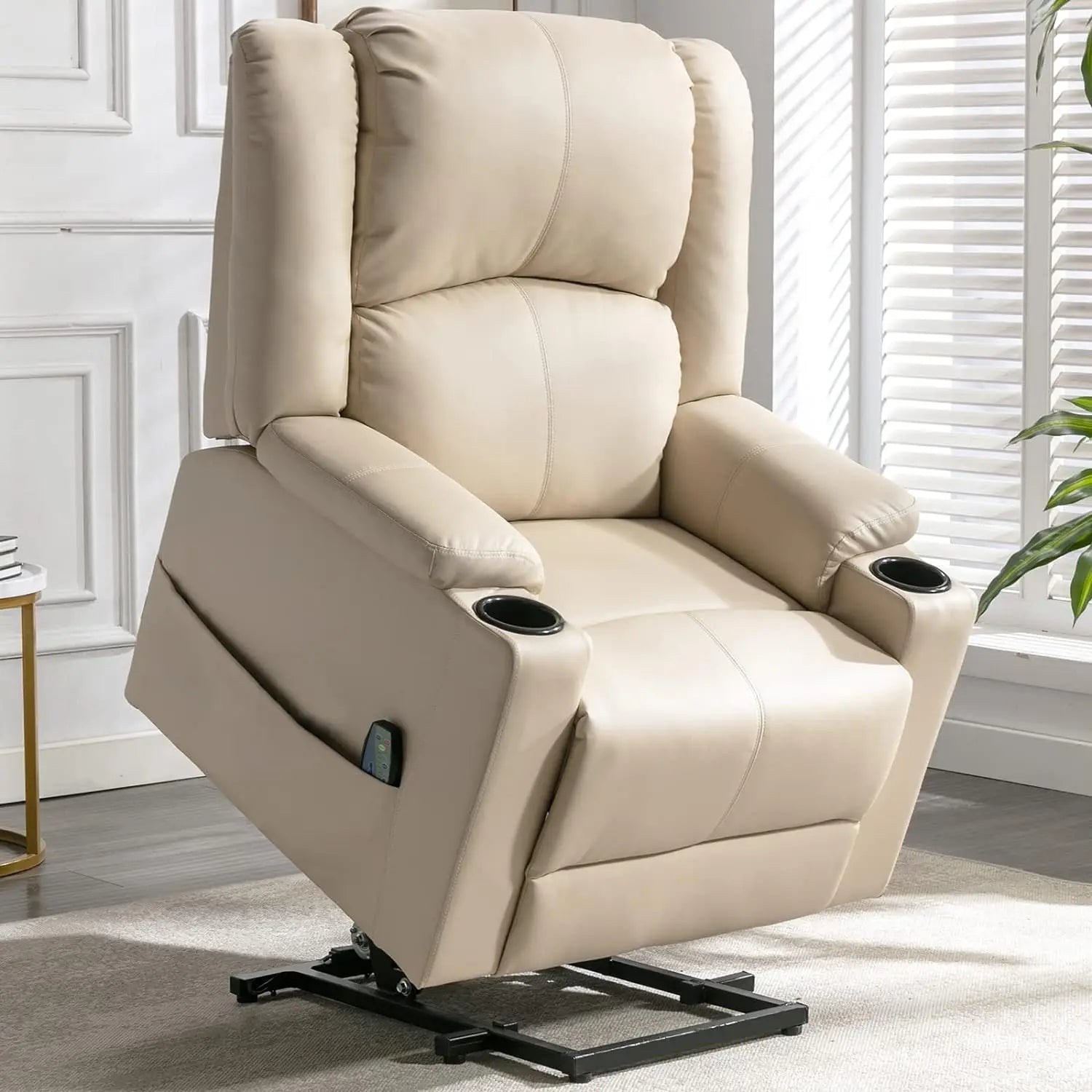 Comhoma Power Lift Recliner for Elderly Lift Chair with Heat and Massage Pu Recliner Sofa with Cup Holder - WHITE