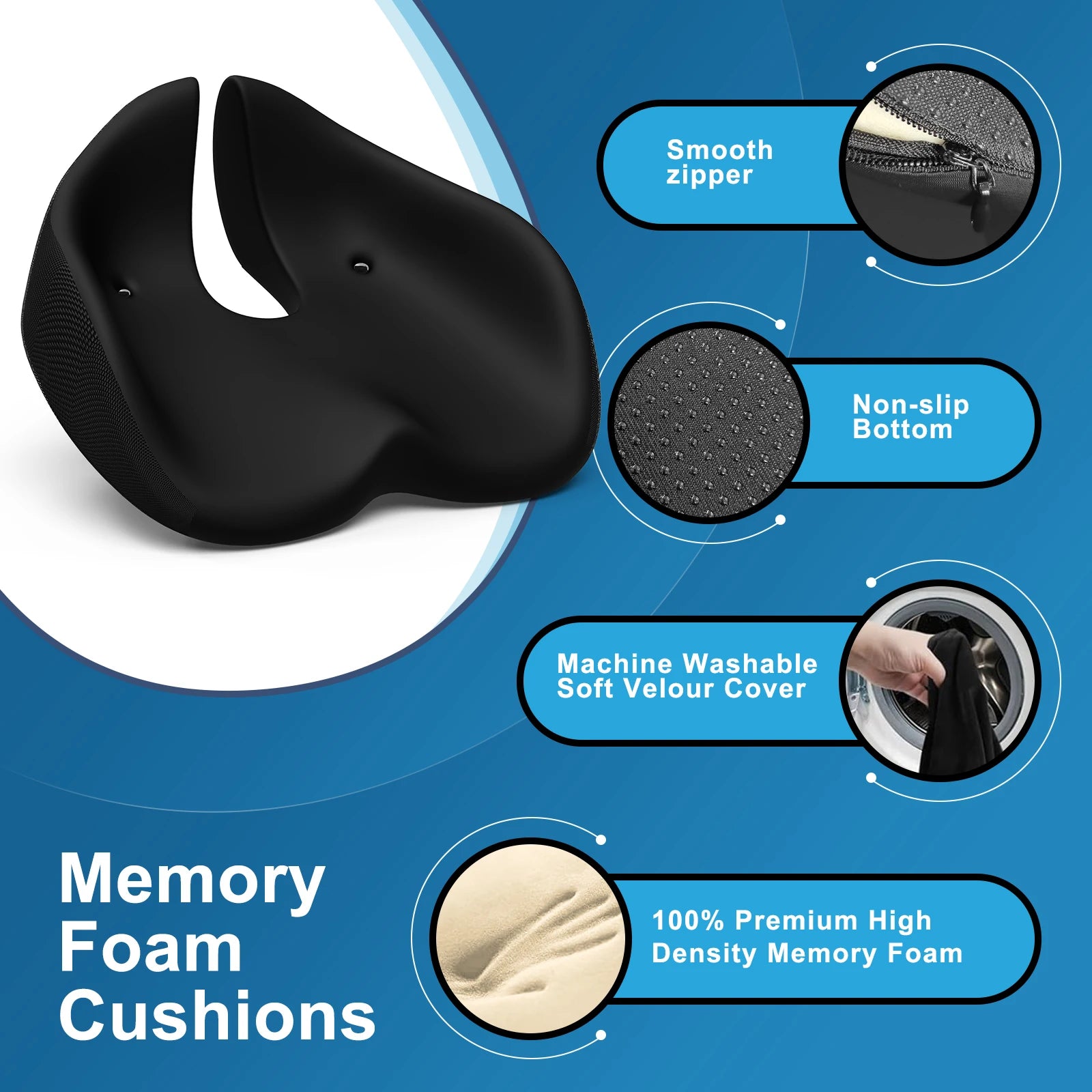 NPET Travel Seat Cushion Memory Foam U-Shaped Pillow for Chair Cushion Pad Car Office Hip Support Massage Orthopedic