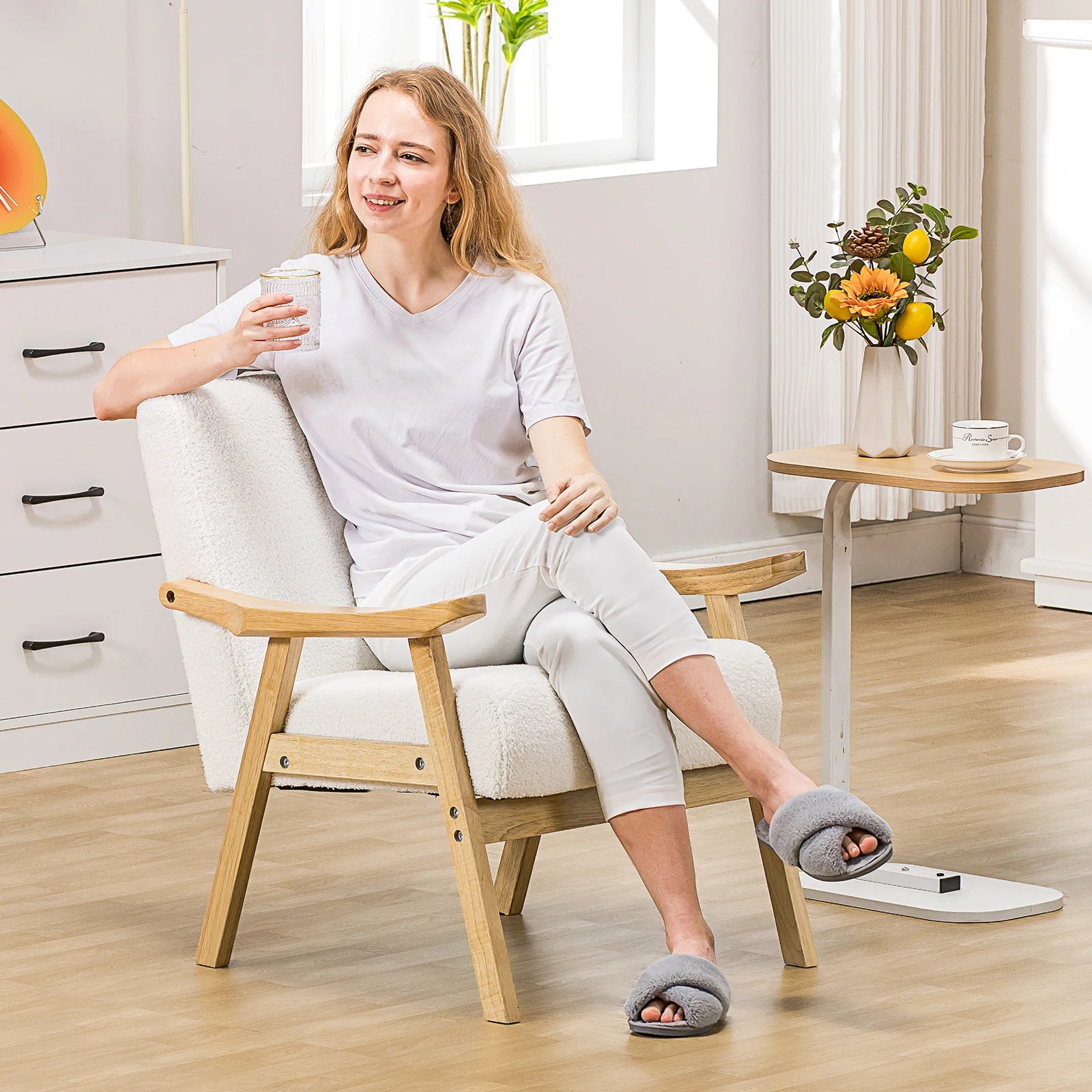 COMHOMA Mid Century Accent Chair Modern Upholstered Armchair with Solid Wood Armrest for Living Room Bedroom Sunroom