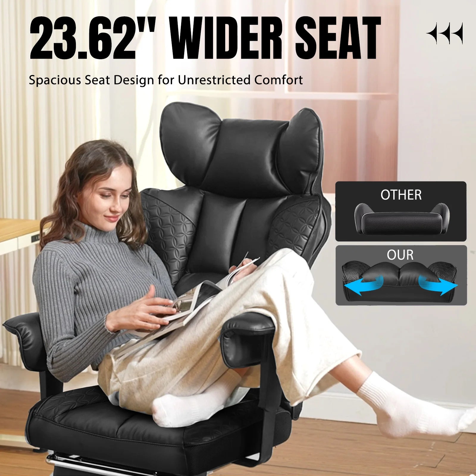 Office Chair Ergonomic Leather High Back Gaming Chair with Footrest Adjustable Armrests - black / United States