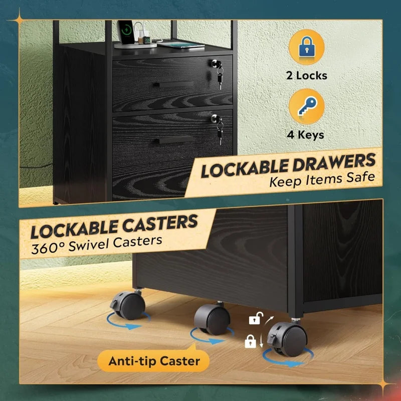 GALAXHERO 2 Drawer Filing Cabinet with Lock Charging Station Mobile Printer Stand with Open Storage Shelf for Home