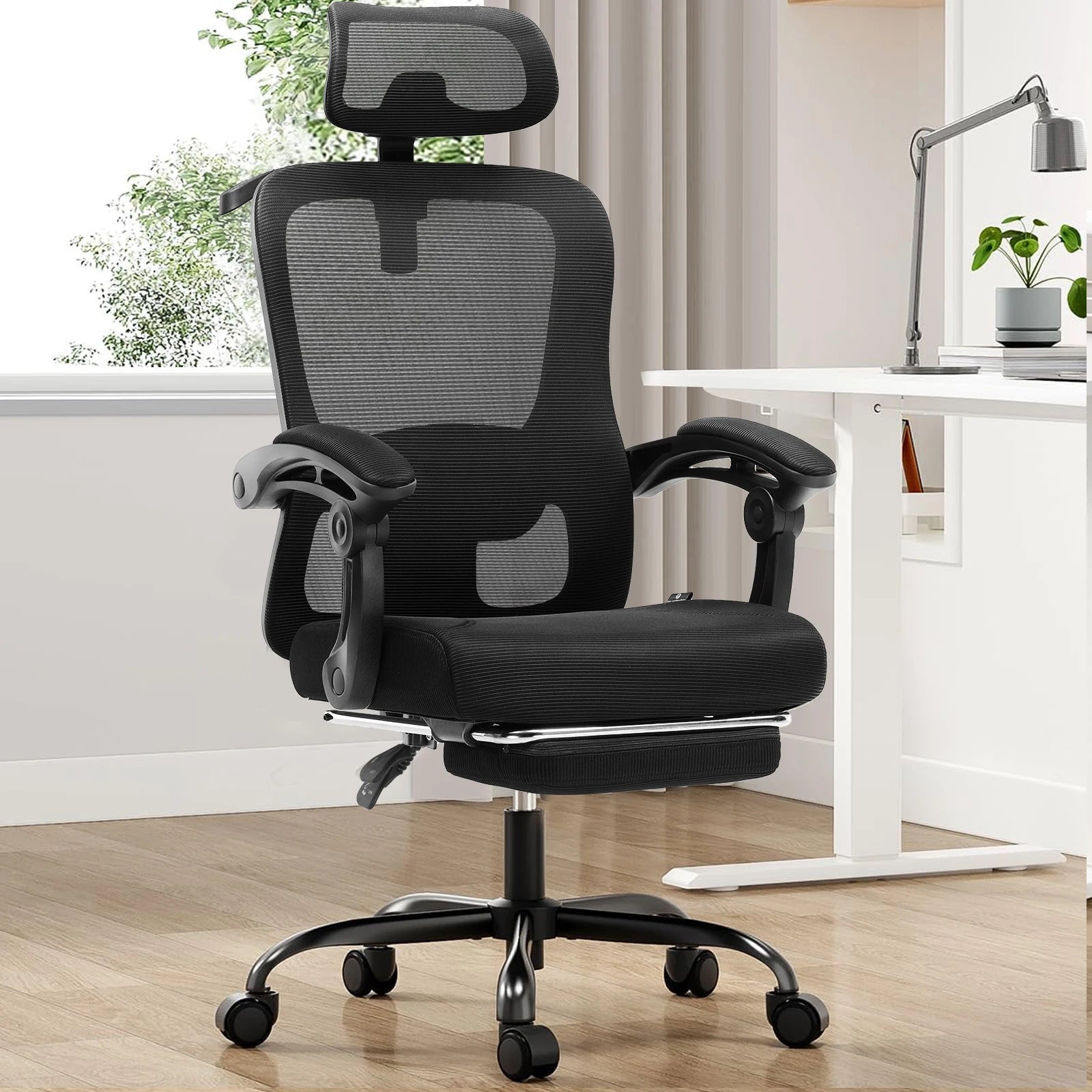 Office Chair: High Back Ergonomic W/ 3D Adjustable Lumbar Headrest Footrest Reclining Mesh & Linkage Armrest - black