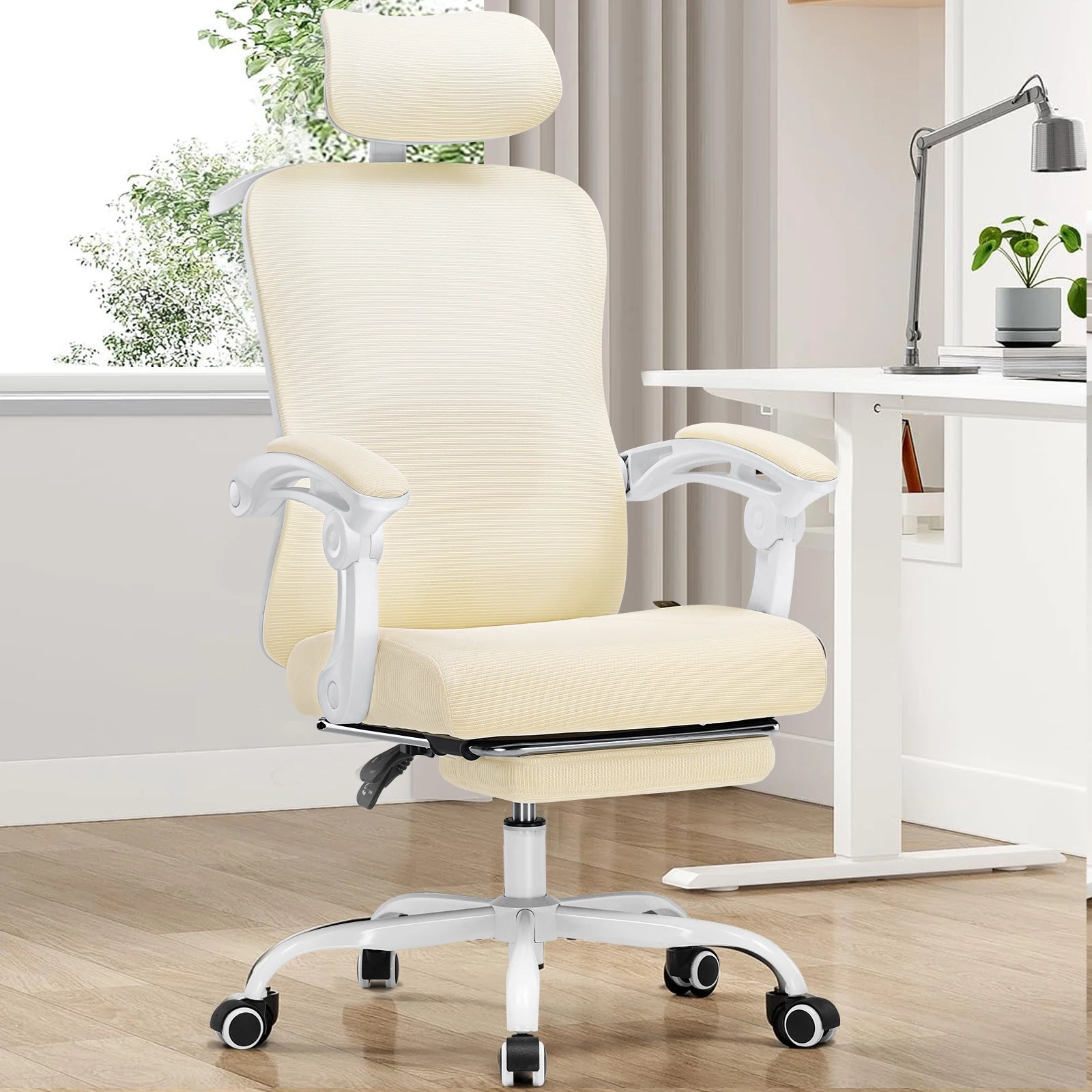 Office Chair: High Back Ergonomic W/ 3D Adjustable Lumbar Headrest Footrest Reclining Mesh & Linkage Armrest - Beige