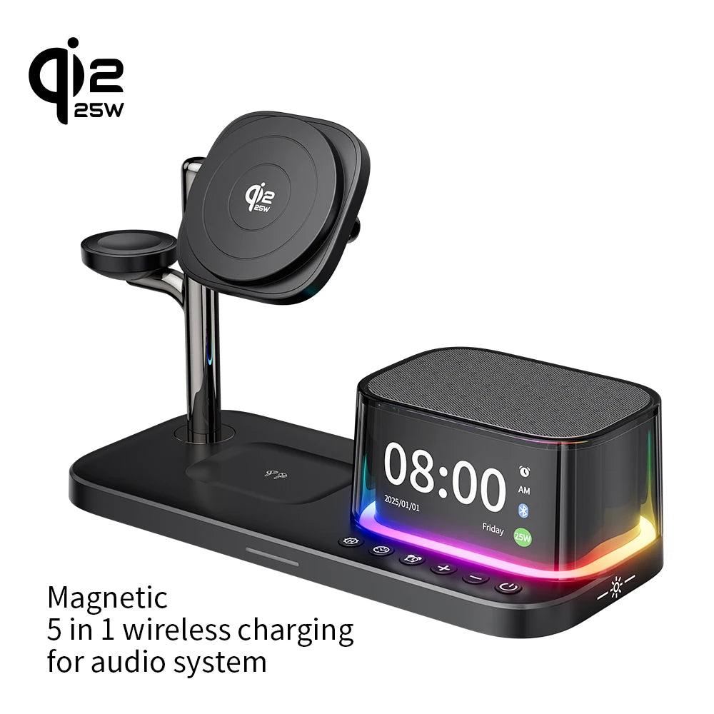 Time alarm clock 3 in 1 magnetic wireless charger 25W fast charging RGB Bluetooth audio multifunctional wireless charger