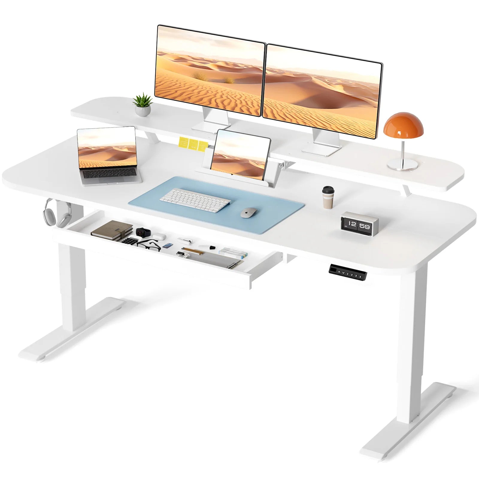 Electric Standing Desk with Drawers Sit Stand up Desk Height Adjustable Ergonomic Home Office Computer Desk - Ivory