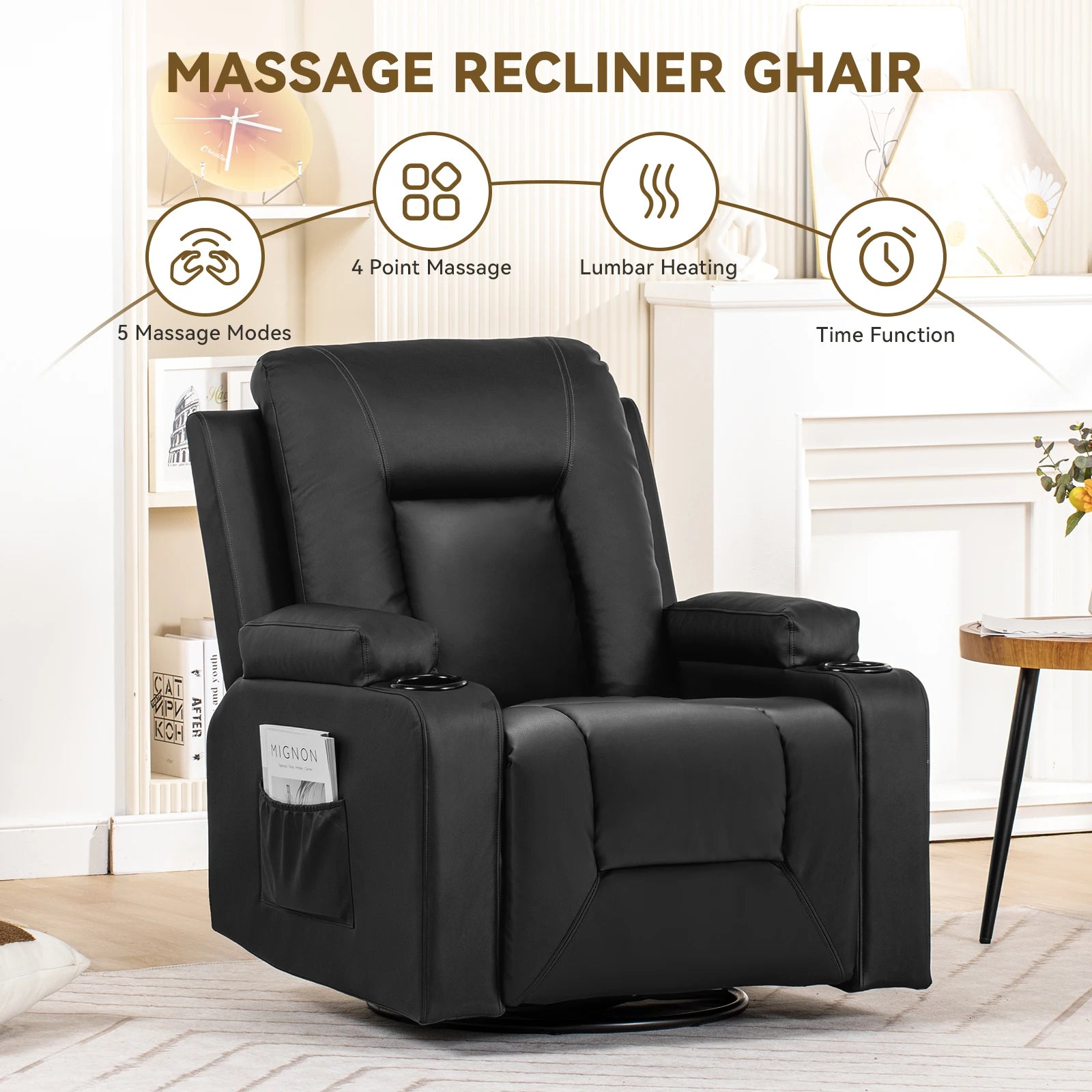 Comhoma Recliner Chair Pu Rocking Chair for Adults Swivel Recliner with Cup Holders Heat and Massage