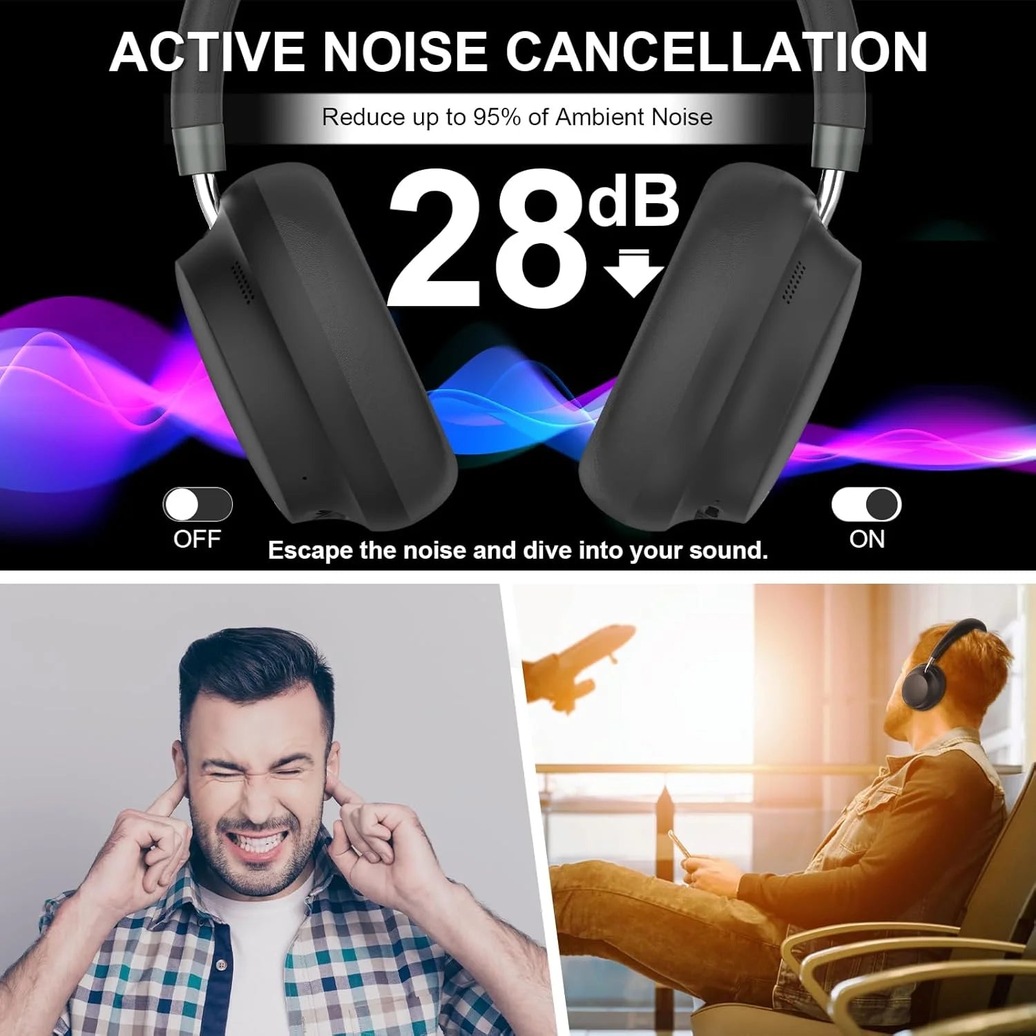 APP T-fun NC45 Bluetooth Active Noise Cancelling Headphones Comfortable Wireless Over Ear Headphones with Mic Hi-Res