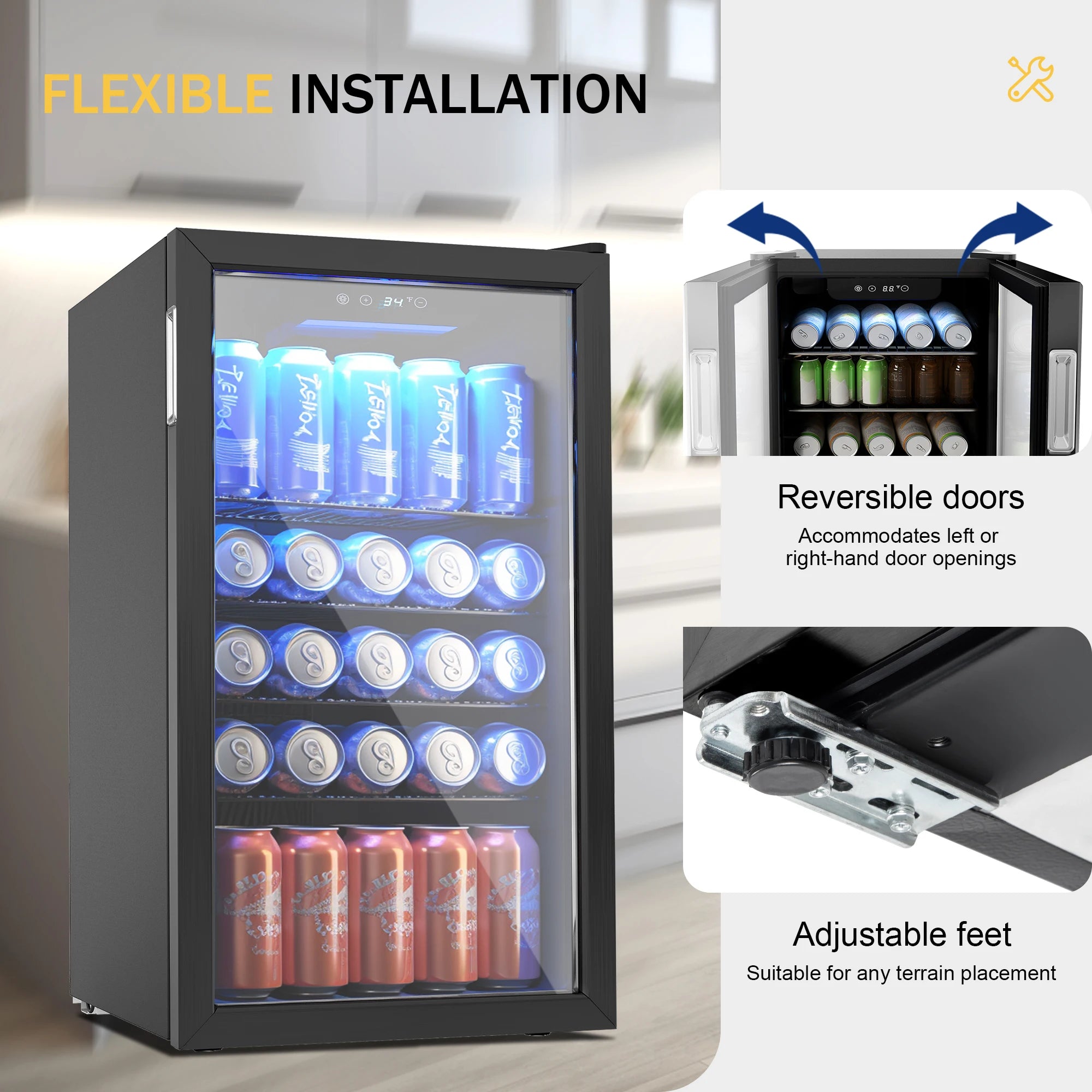 SIMZLIFE Beverage Refrigerator and Cooler 125 Can Mini fridge with Glass Door for Home/Bar/Office Black - US / United