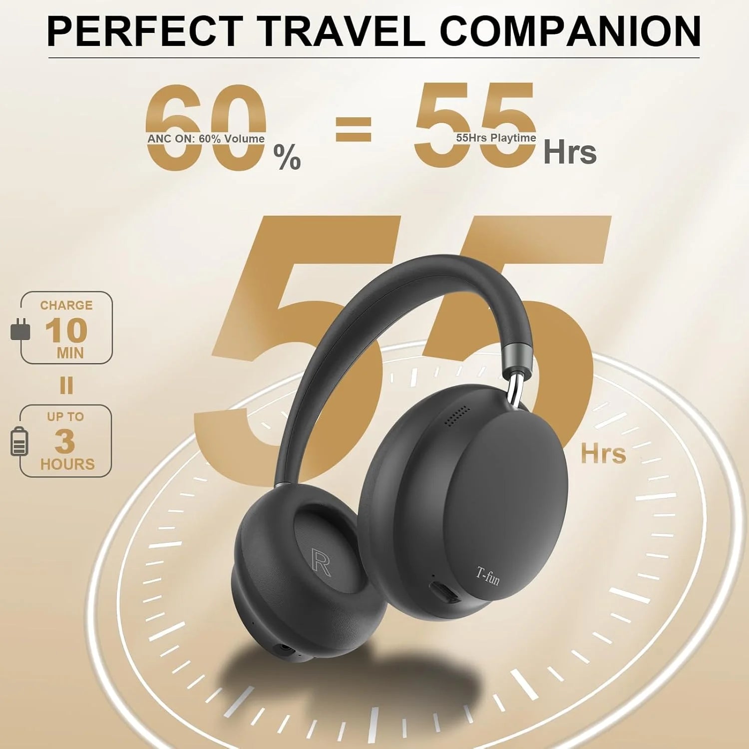 APP T-fun NC45 Bluetooth Active Noise Cancelling Headphones Comfortable Wireless Over Ear Headphones with Mic Hi-Res