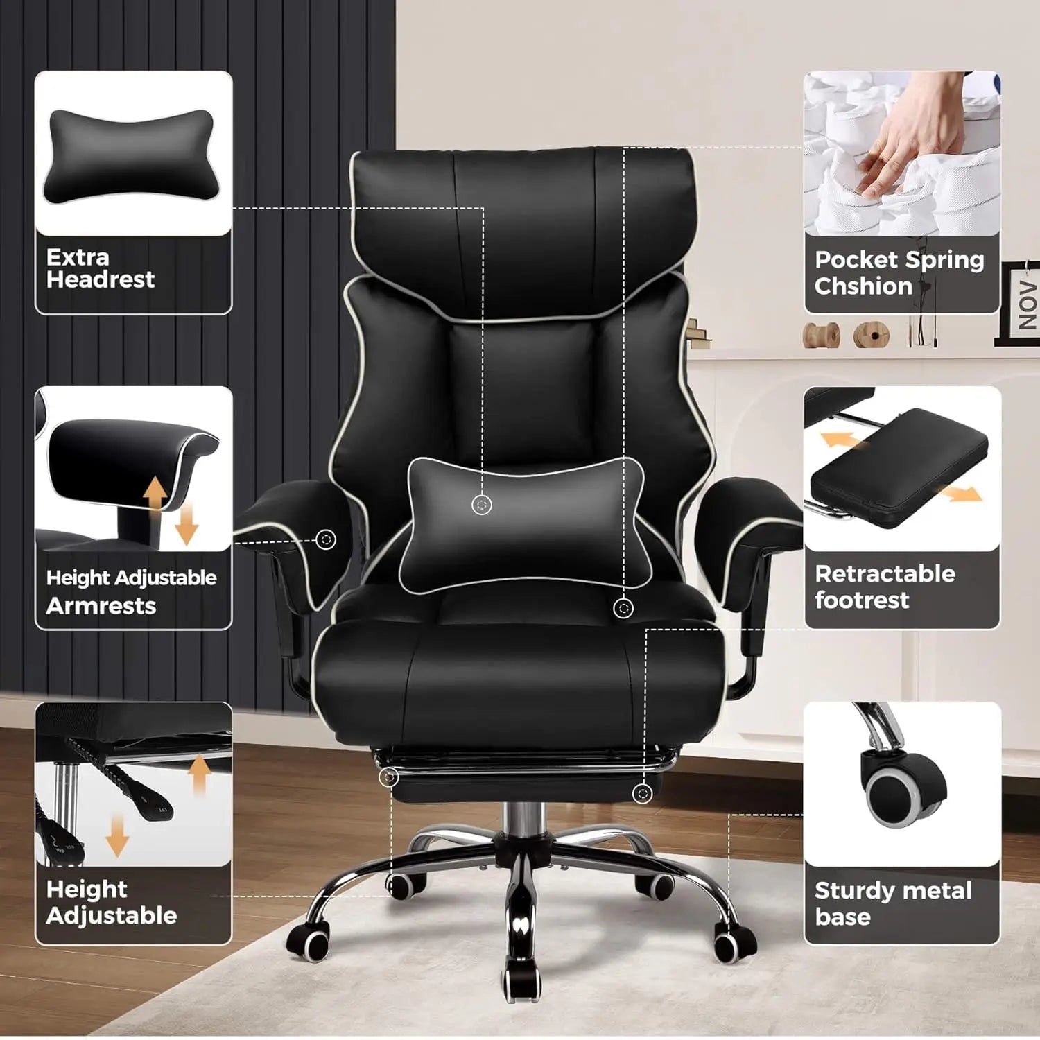 COMHOMA Big and Tall Office Chair 400lbs High Back Leather Executive Chair with Ergonomic Lumbar Support & Pocket
