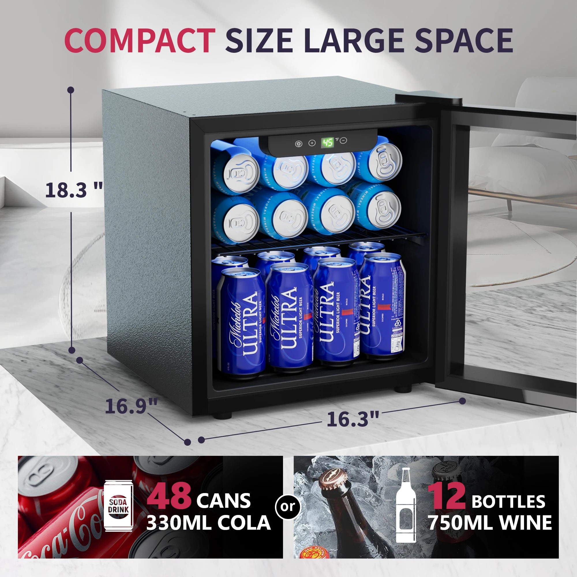 SIMZLIFE Mini Fridge 1.3 cu.ft 48 Can Beverage Refrigerator Cooler for Beer Drinks Wines Beverage Fridge