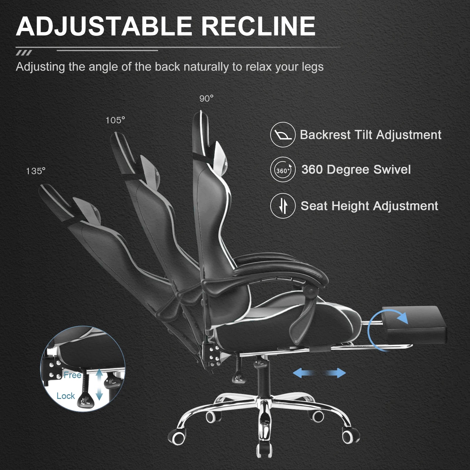 GTPLAYER Gaming Chair with Footrest Lumbar Support Adjustable Height Swivel Seat Headrest for Office or Gaming