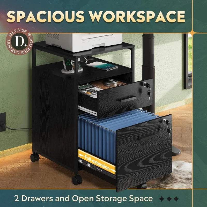 GALAXHERO 2 Drawer Filing Cabinet with Lock Charging Station Mobile Printer Stand with Open Storage Shelf for Home