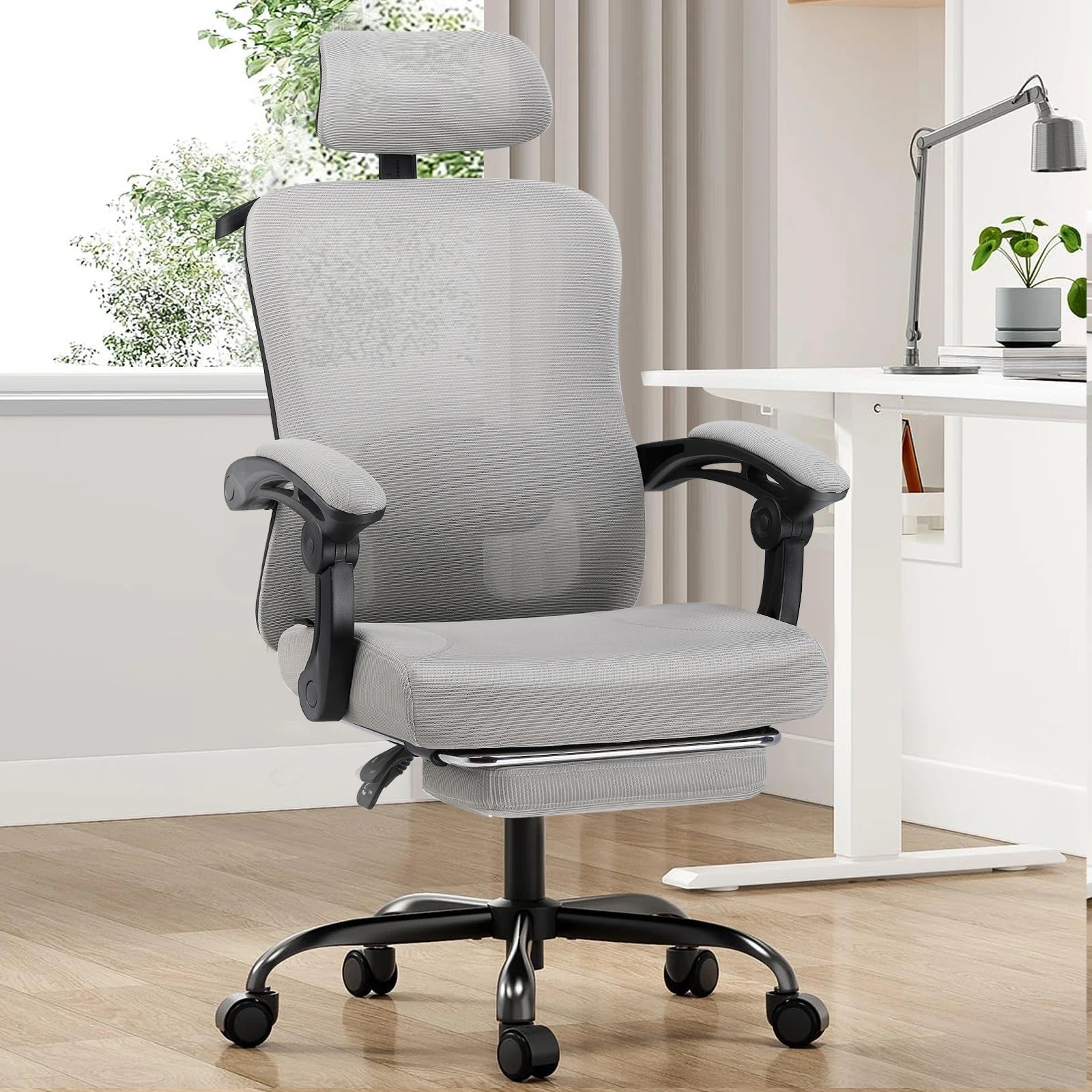 Office Chair: High Back Ergonomic W/ 3D Adjustable Lumbar Headrest Footrest Reclining Mesh & Linkage Armrest - GRAY