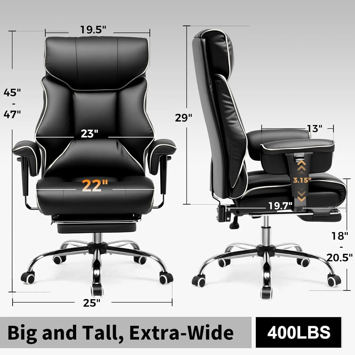 COMHOMA Big and Tall Office Chair 400lbs High Back Leather Executive Chair with Ergonomic Lumbar Support & Pocket