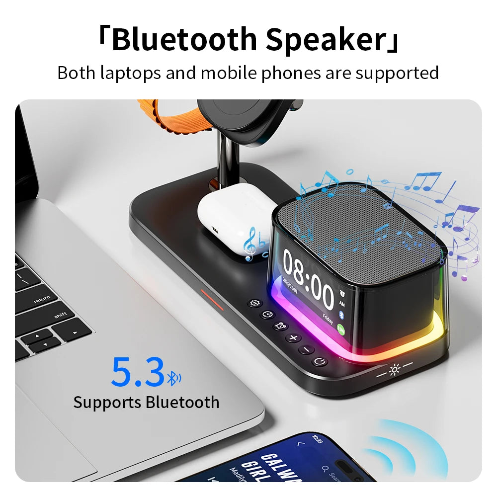 Time alarm clock 3 in 1 magnetic wireless charger 25W fast charging RGB Bluetooth audio multifunctional wireless charger