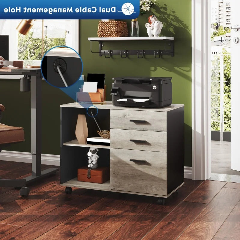 GALAXHERO 3 Drawer Wood Mobile File Cabinet Lateral Filing Cabinet with Printer Stand Open Storage Shelves for Home