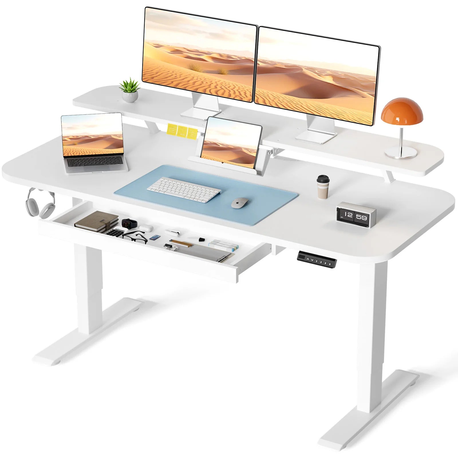 Electric Standing Desk with Drawers Sit Stand up Desk Height Adjustable Ergonomic Home Office Computer Desk - WHITE