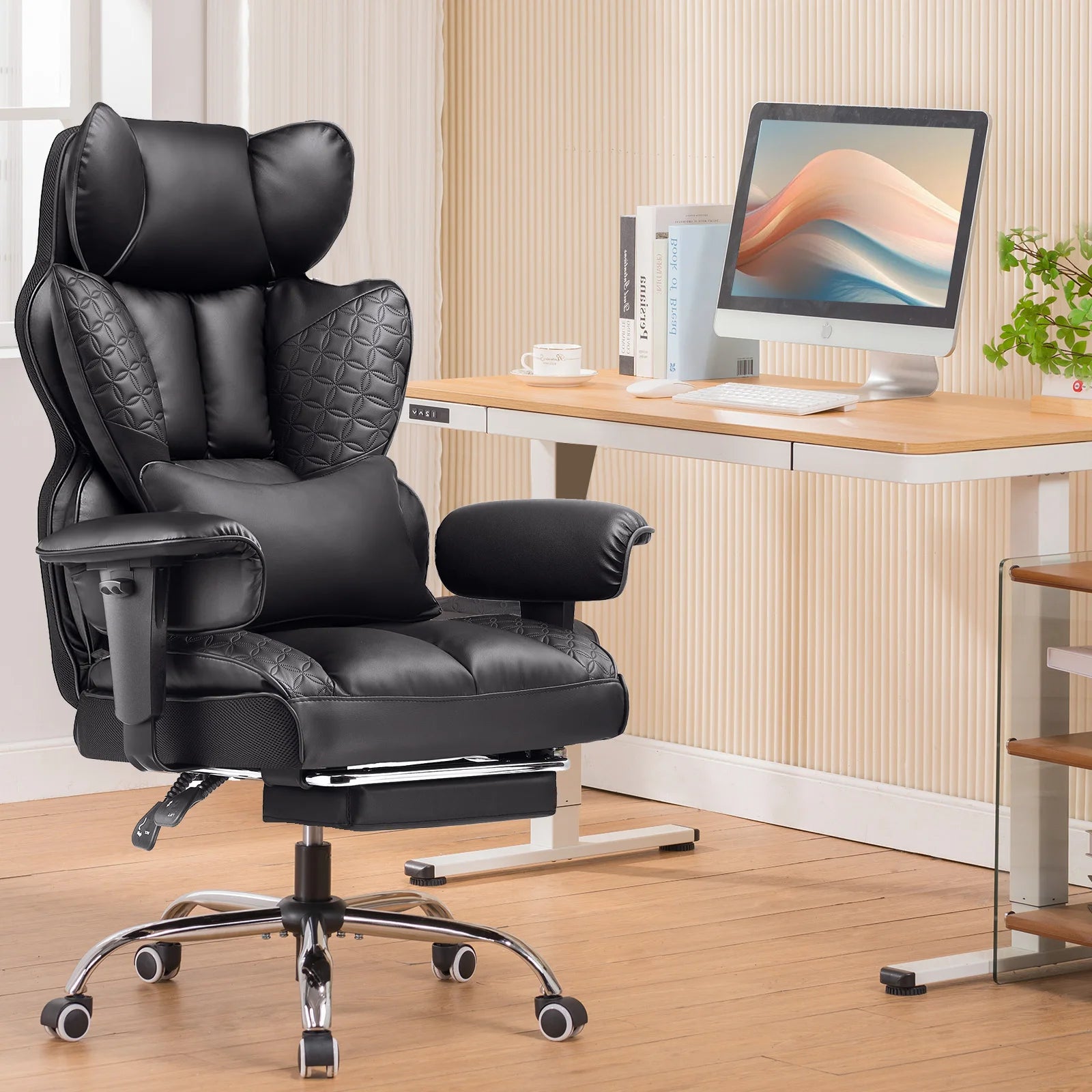 Office Chair Ergonomic Leather High Back Gaming Chair with Footrest Adjustable Armrests - black / United States