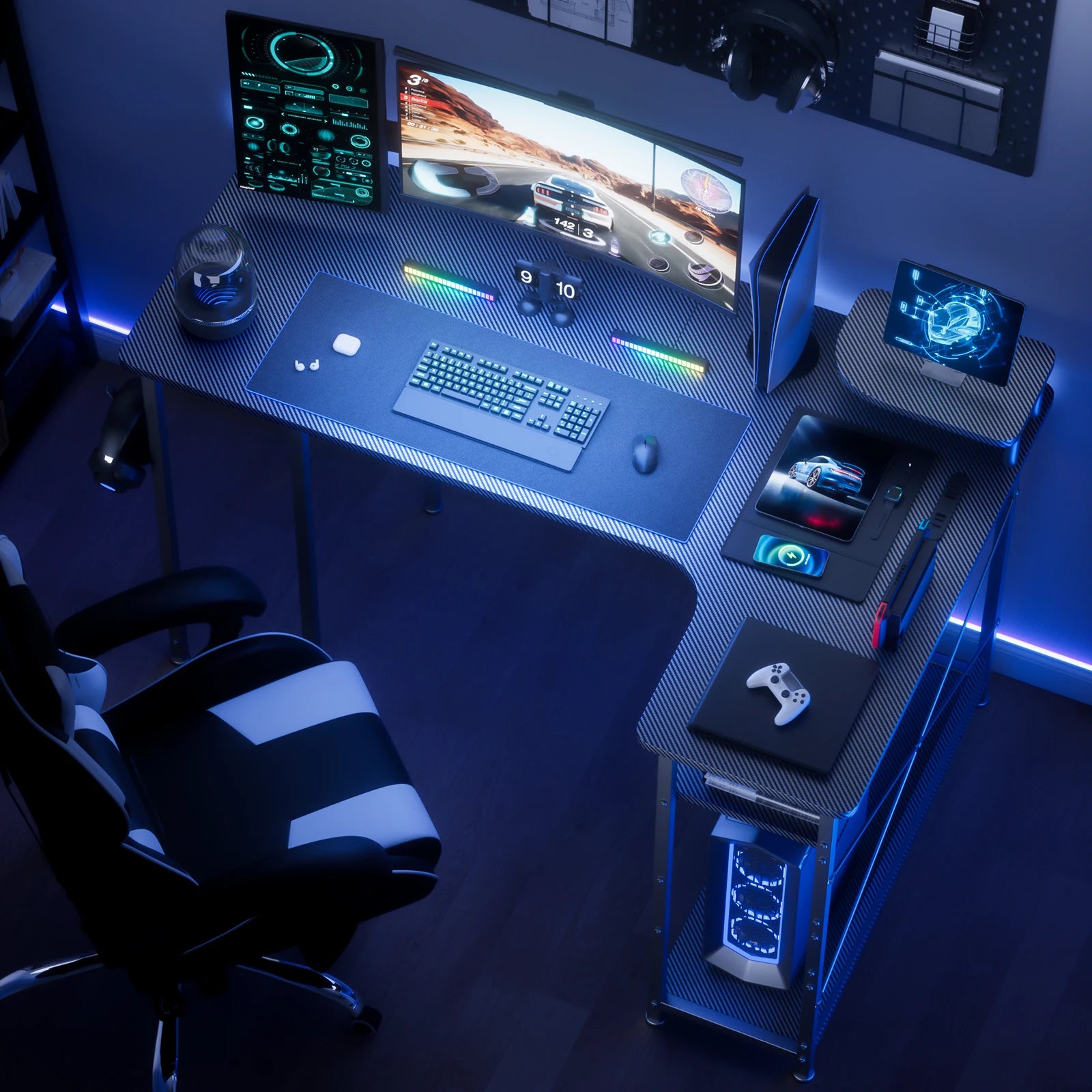 L-Shape Gaming Desk with Drawers Carbon Fiber Computer Desk with Monitor Arm Gaming Desk for Home Office Desks - Black