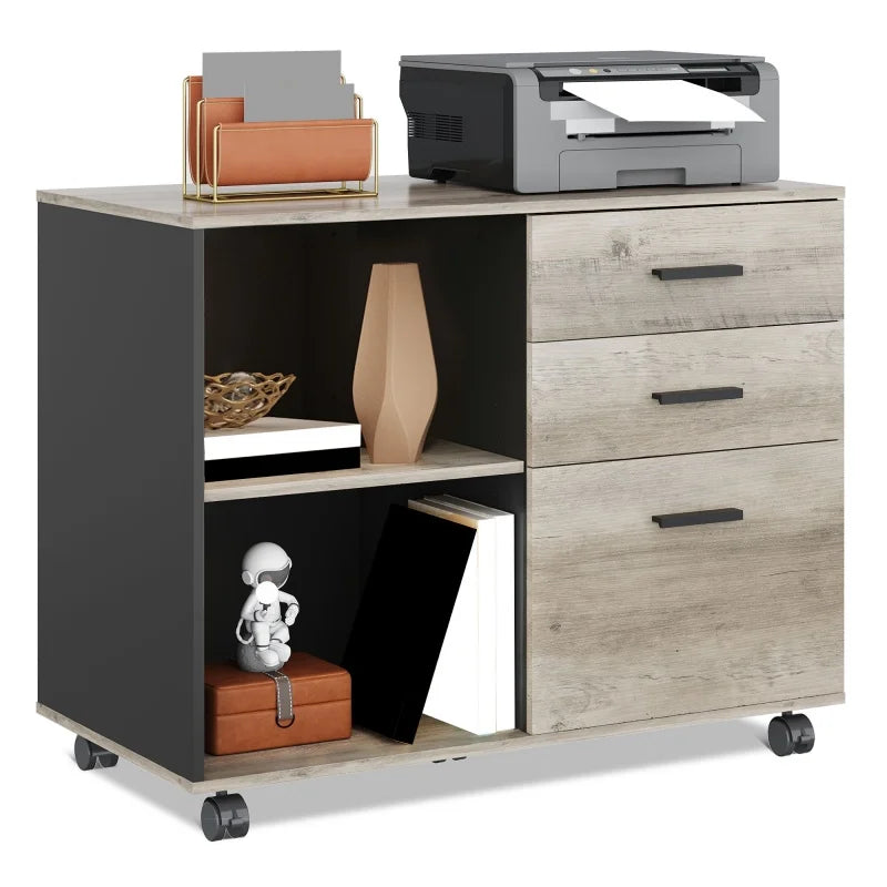 GALAXHERO 3 Drawer Wood Mobile File Cabinet Lateral Filing Cabinet with Printer Stand Open Storage Shelves for Home