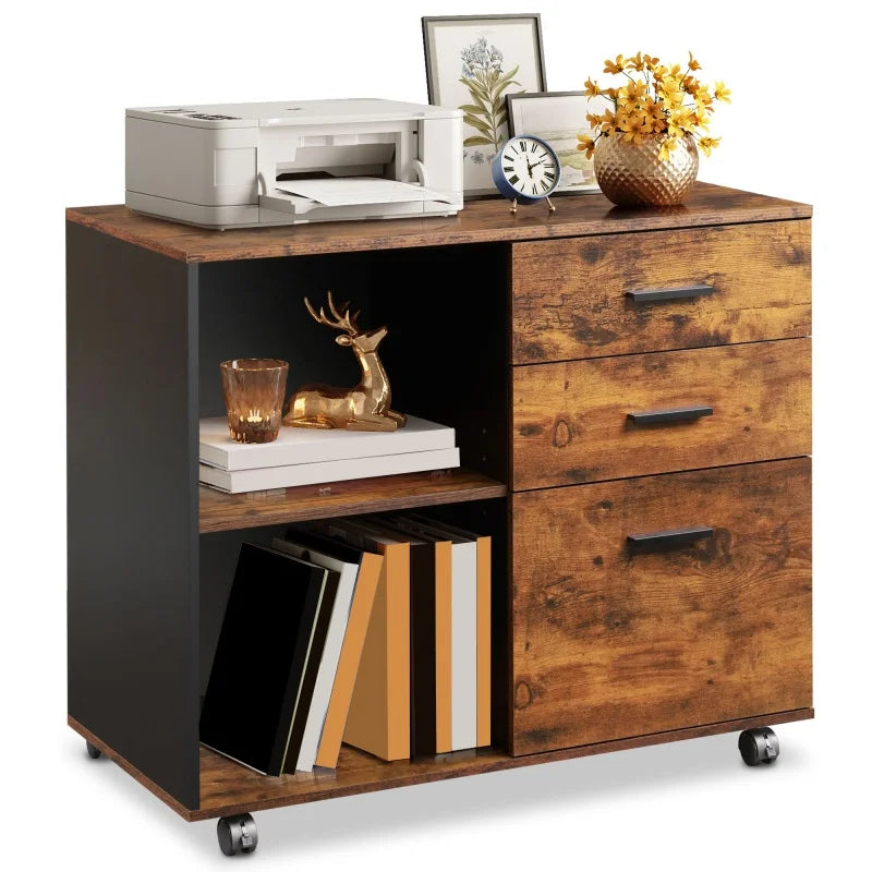 GALAXHERO 3 Drawer Wood Mobile File Cabinet Lateral Filing Cabinet with Printer Stand Open Storage Shelves for Home