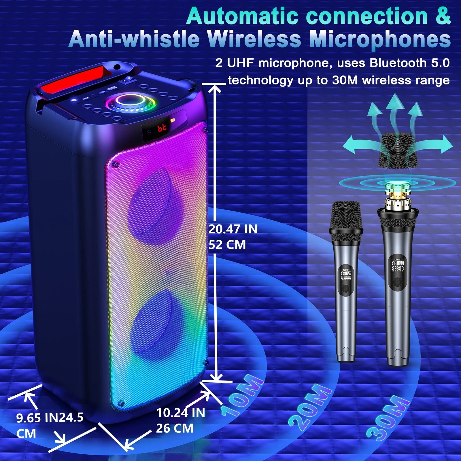 Wireless Bluetooth Speaker Karaoke Machine with 2 Microphone Home Karaoke Party Speaker with LED Light