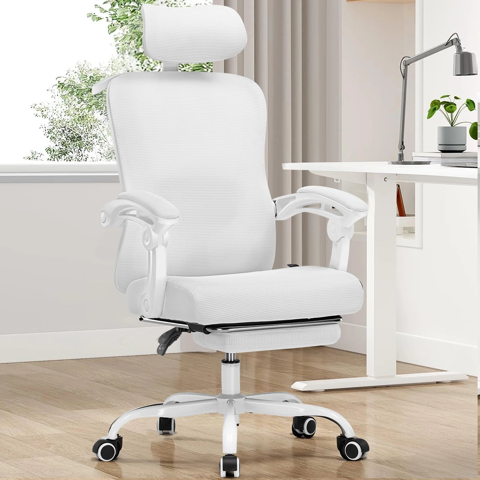 Office Chair: High Back Ergonomic W/ 3D Adjustable Lumbar Headrest Footrest Reclining Mesh & Linkage Armrest - WHITE