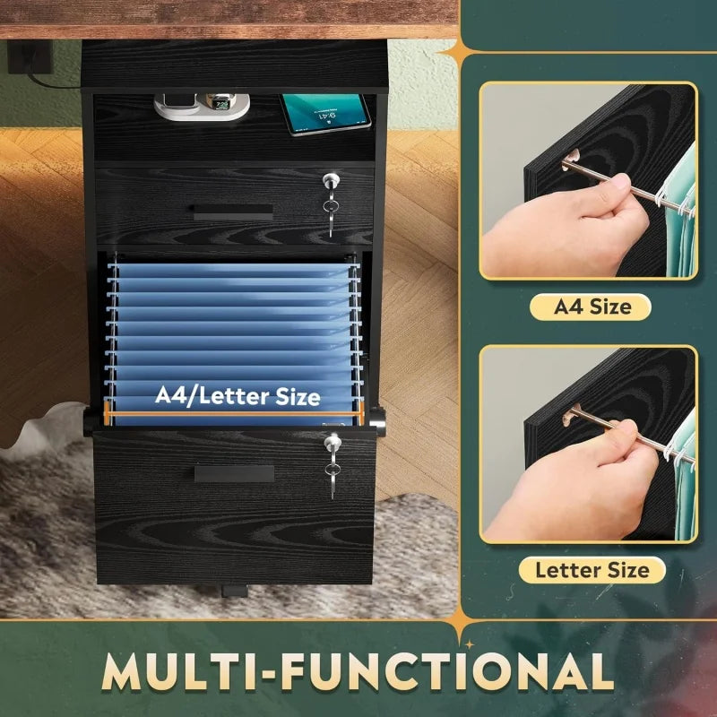 GALAXHERO 2 Drawer Filing Cabinet with Lock Charging Station Mobile Printer Stand with Open Storage Shelf for Home