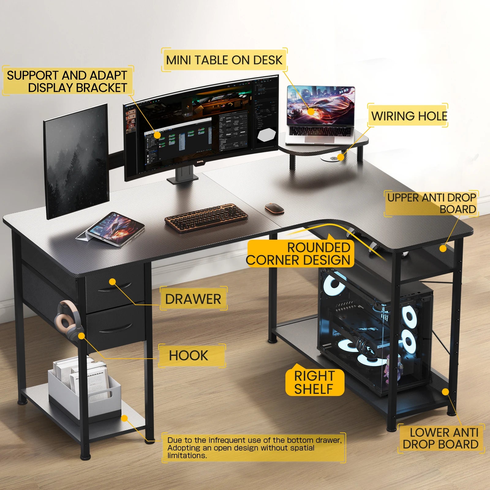 L-Shape Gaming Desk with Drawers Carbon Fiber Computer Desk with Monitor Arm Gaming Desk for Home Office Desks