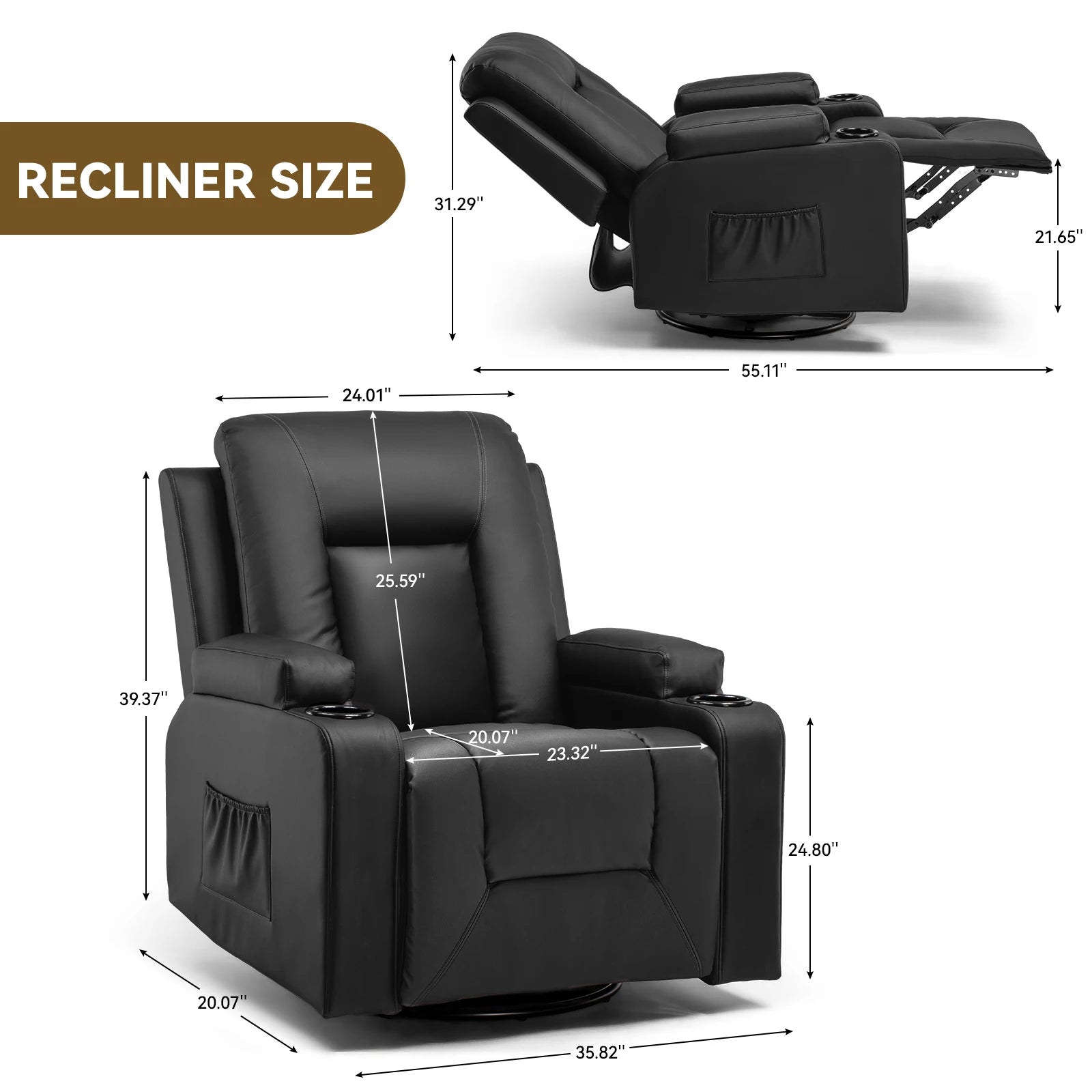 Comhoma Recliner Chair Pu Rocking Chair for Adults Swivel Recliner with Cup Holders Heat and Massage