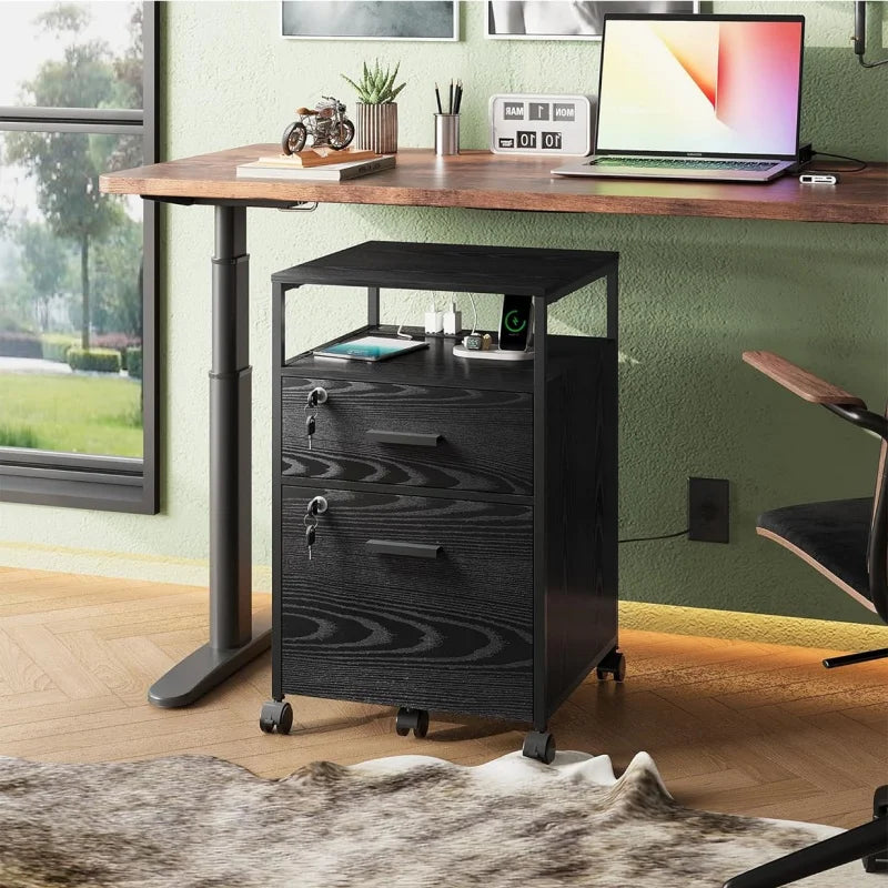 GALAXHERO 2 Drawer Filing Cabinet with Lock Charging Station Mobile Printer Stand with Open Storage Shelf for Home