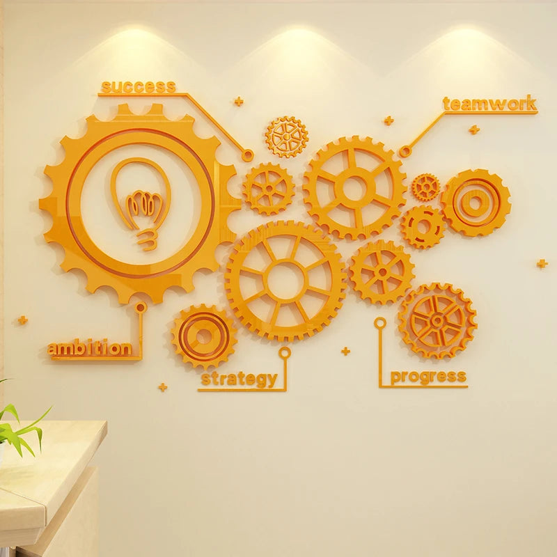 Creative Mechanical Gear Mirror Wall Stickers Office Wall 3D decor Corporate Culture Wall Inspirational Sticker Home