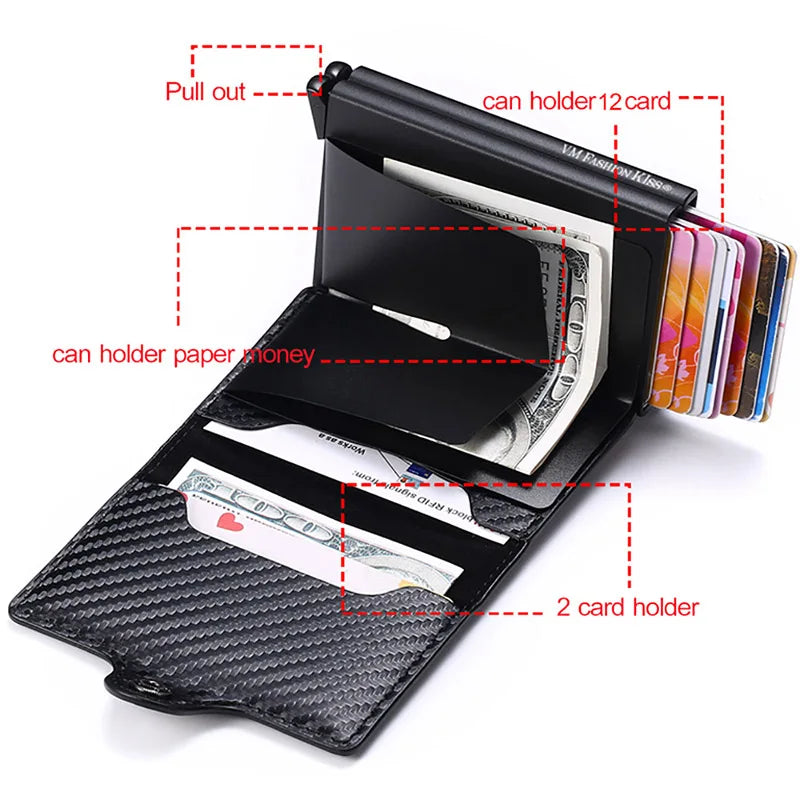 VM FASHION KISS Carbon Fiber High Quality Wallet Pu Leather RFID Security Double Aluminum Box Credit Card Holder Men