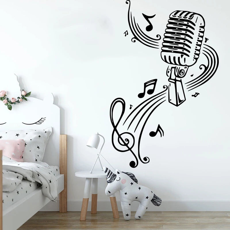 Large Microphone Music Notes Wall Decal Playroom Office Rock Jazz Band Guitar Piano Micro Wall Sticker Classroom Vinyl