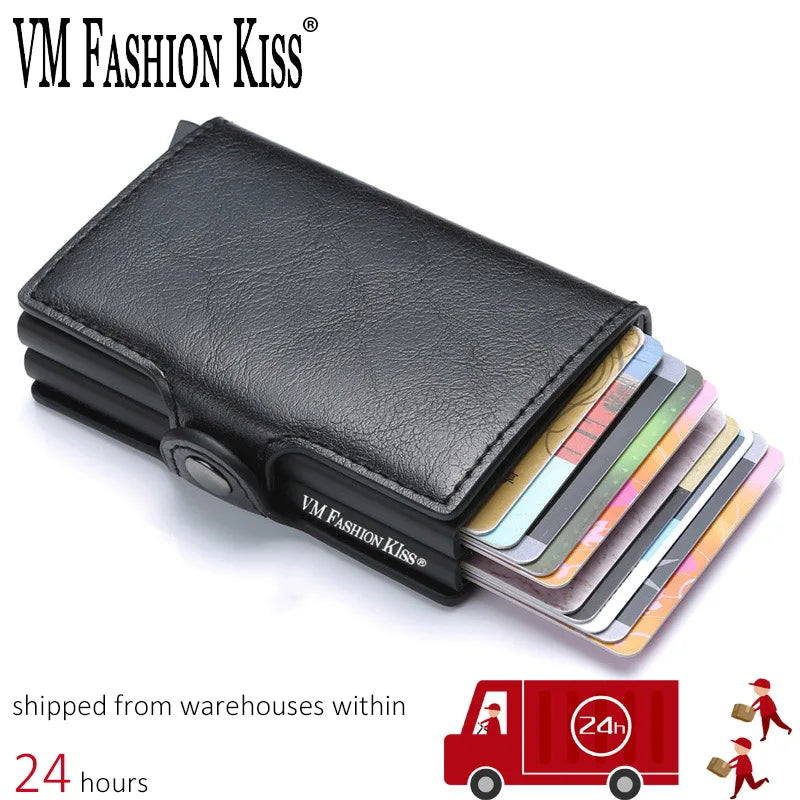 VM FASHION KISS Carbon Fiber High Quality Wallet Pu Leather RFID Security Double Aluminum Box Credit Card Holder Men