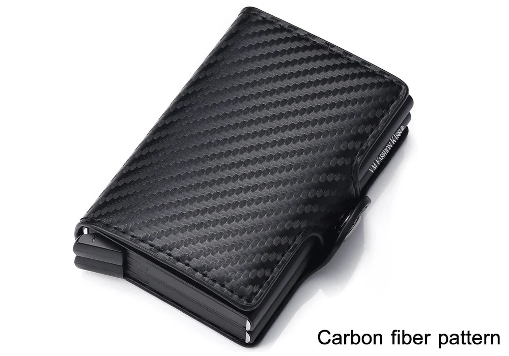 VM FASHION KISS Carbon Fiber High Quality Wallet Pu Leather RFID Security Double Aluminum Box Credit Card Holder Men