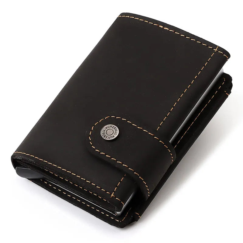 HUMERPAUL Cowhide Men Business Aluminum Cash ID Card Holder RFID Slim Metal Wallet Zip Coin Purse Automatic Pop Up