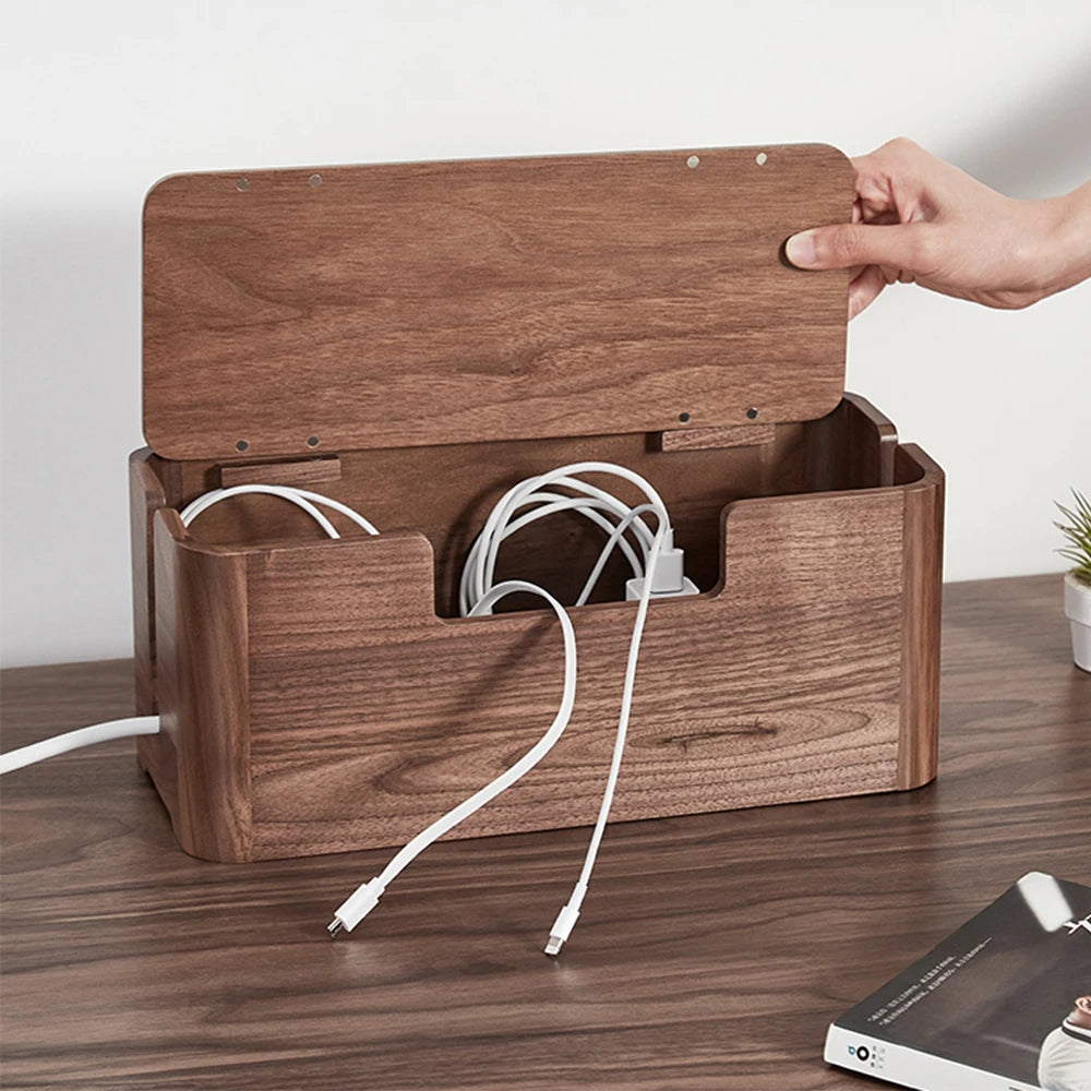 Cable Storage Box Wood Organizer Desktop Clip Holder For TV Box Management Black Walnut Wood Storage Box - CableWinder
