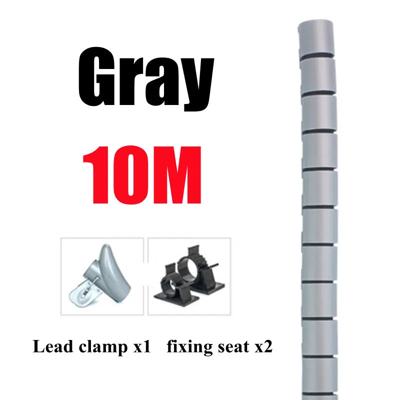 10M 8/10/12/16/22mm Line Flexible Spiral Cable Organizer Storage Pipe Cord Protector Management Cable PE Tube - grey